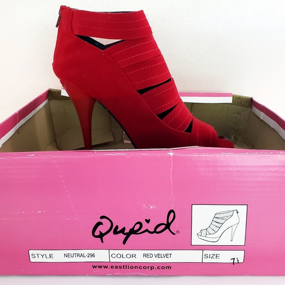 QUPID Womens Stiletto Red Suede Strappy Shoes Peep Toe Platforms Sz 6 NIB - Picture 6 of 9